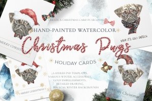 Christmas Watercolor Pug Cards