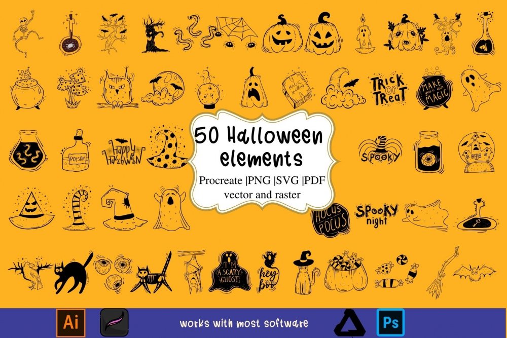 50 Halloween Elements Procreate Stamps And Clip Art - Design Cuts