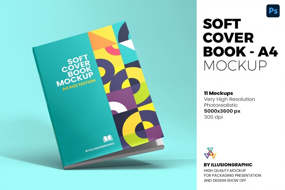 Soft Cover Book Mockup – A4 – 11 views