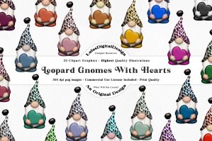 Leopard Gnomes Holding Hearts Illustration Set