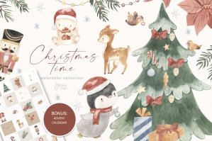 Christmas Time Watercolor Animal Clipart