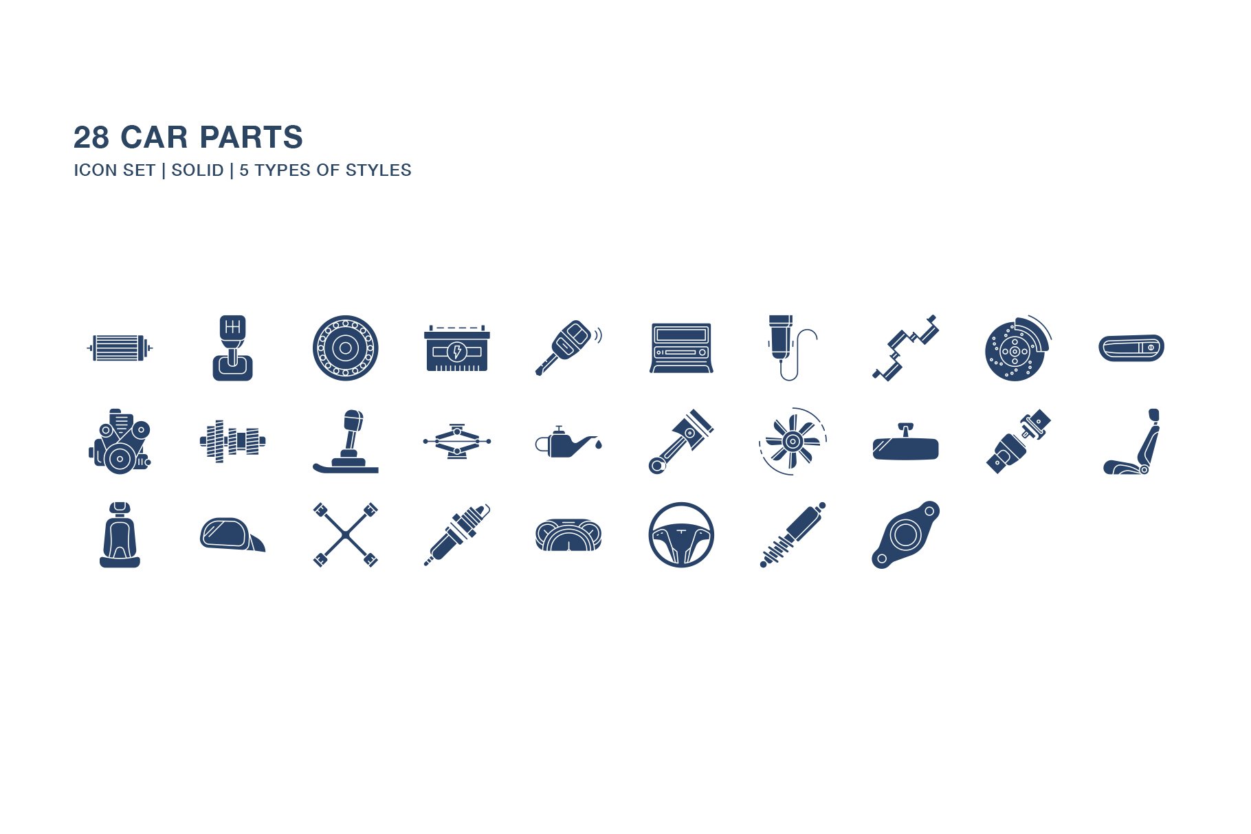Car Parts Solid Icon Set, Vehicle Repairing Symbols Collection or Sketches.  Car Inside and Outside Glyph Style Signs for Stock Vector - Illustration of  replacement, automotive: 187323455