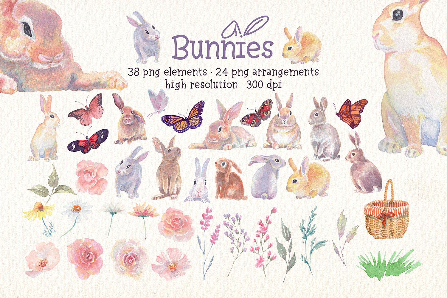 Easter Bunnies Watercolor Clipart