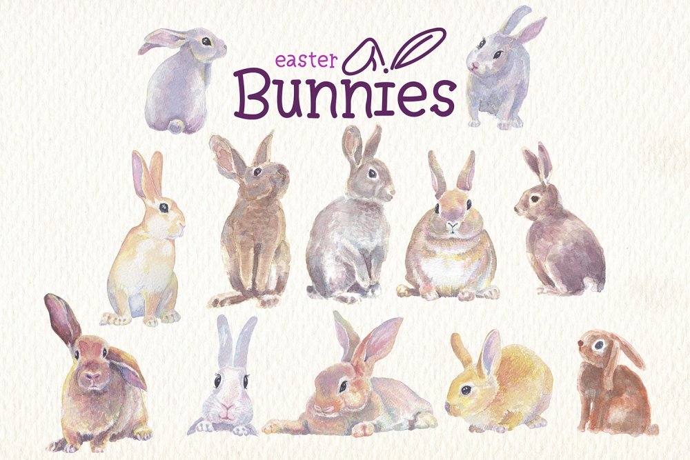Easter Bunnies Watercolor Clipart