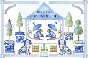 Chinoiserie Chic Topiary Blue Watercolor Clipart