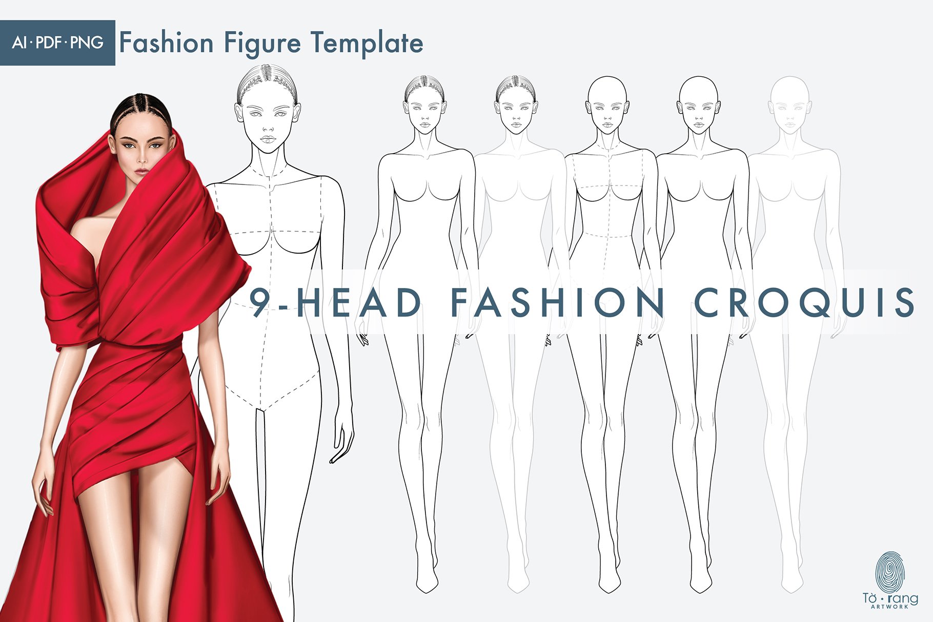 Figure Female Fashion Croquis Template - Fashion Illustration - 9 Heads Fashion  Figure - Design Cuts