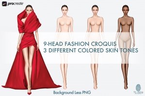 Female Fashion Croquis Templates - Runway Pose - 3 Different Colored Skin Tones - 9 Head Fashion Figure