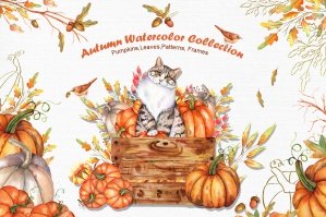 Watercolor Autumn Cat Set