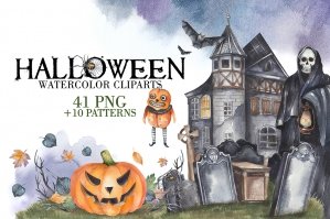 Retro Halloween Watercolor Clipart