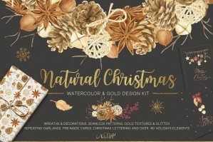 Natural Christmas Watercolor & Gold Design Kit