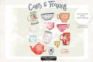 Watercolor Cups Mugs & Teapot