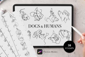 Dogs & Humans Procreate Stamps Pack In Line Art Style