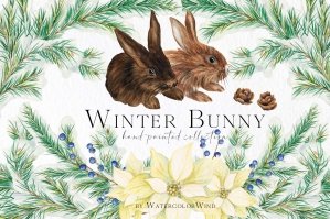 Winter Bunny Rabbit Clipart With Snow Covered Fir Branches