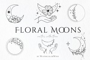 Floral Moons And Zodiac Signs Vector Clip Art