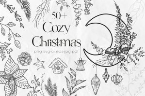 Cozy Christmas Line Art Clipart Vector