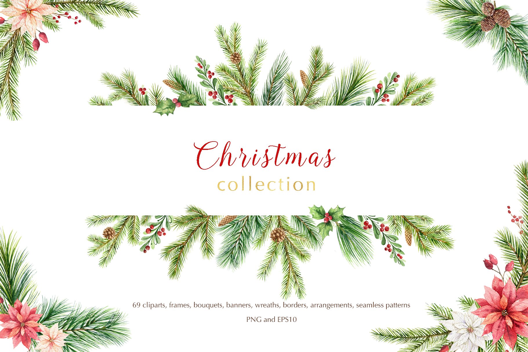 Watercolor Christmas greenery clipart, Winter collection