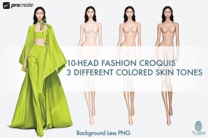 Female Fashion Croquis Templates - 10 Head Fashion Figure - Asian Model - 3 Different Colored Skin Tones