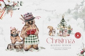 Christmas Watercolor Forest Animals Festive Holiday Illustration Set