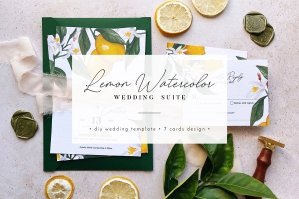 Lemon Watercolor Wedding Invitation Suite