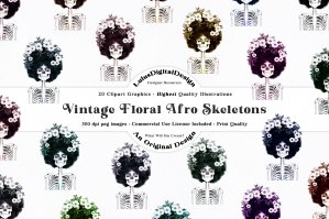 Floral Afro Skeleton Clip Art • Vintage Halloween Skull Graphic Set