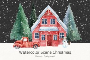 Watercolor Scene Of A Christmas House