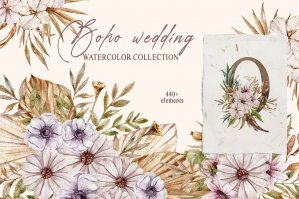 Watercolor Bohemian Wedding Flower Clipart Set