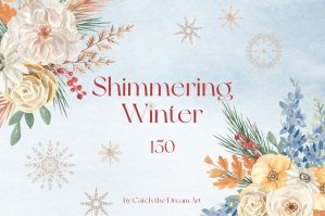 Shimmering Winter Florals And Snowflakes Watercolor Collection