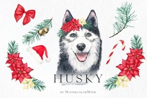 Watercolor Christmas & New Year Husky Dog Clip Art
