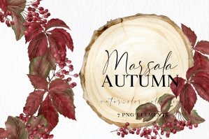 Marsala Fall Clipart In Watercolor With Leaves And Wood Slices