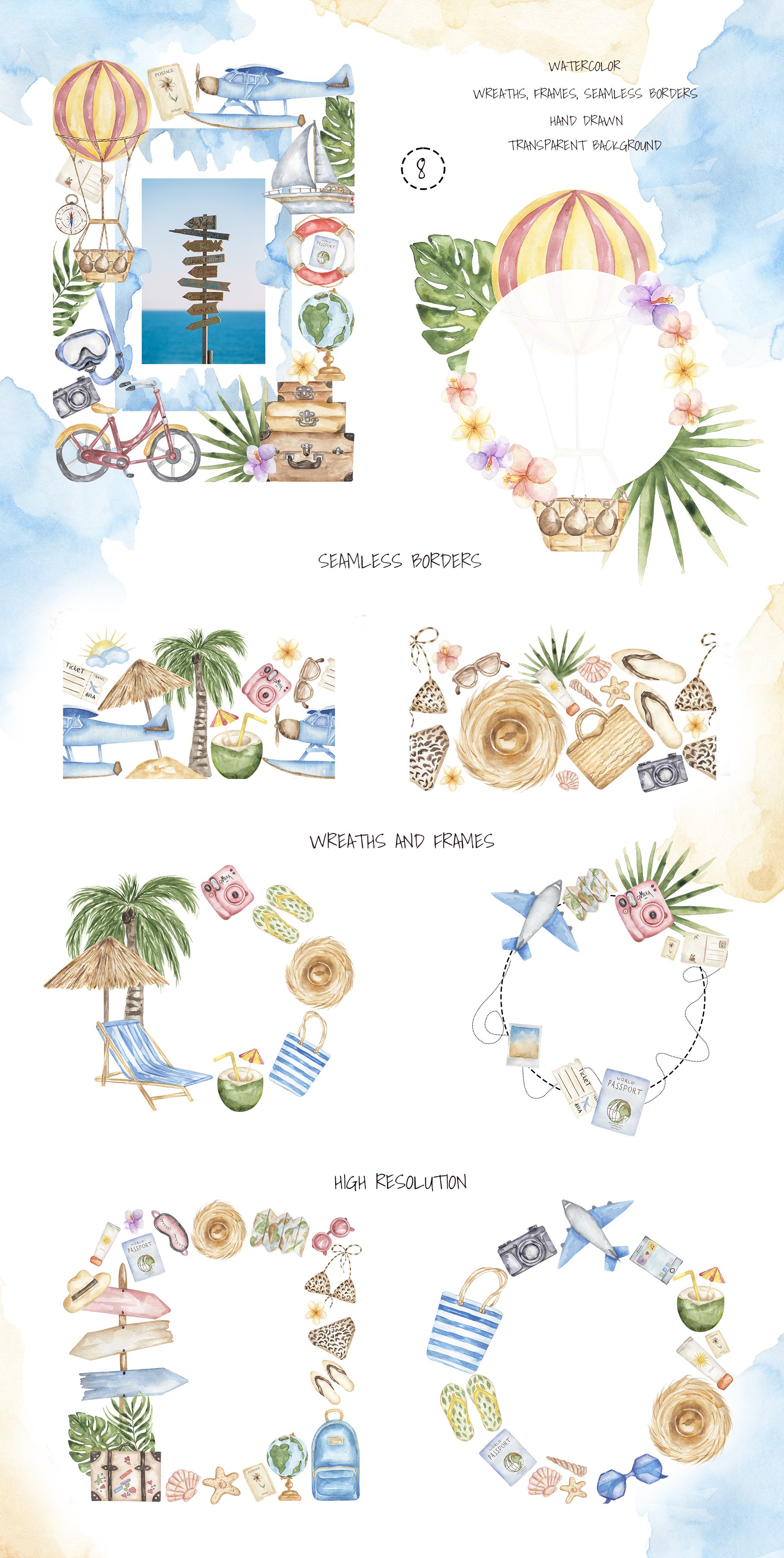 Watercolor travel, tourist objects collection Stock Illustration by  ©NadineVeresk #96520496