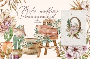 Watercolor Boho Floral Wedding Clipart Set
