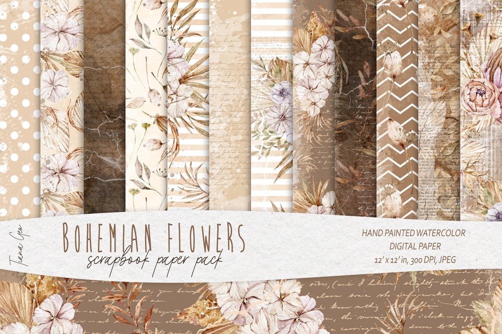 Boho Floral Scrapbook Paper - Digital Paper - 12 JPEG Files