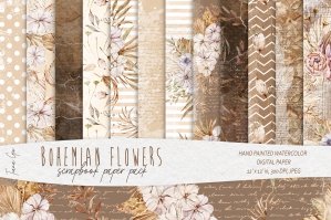 Boho Floral Scrapbook Paper - Digital Paper - 12 JPEG Files