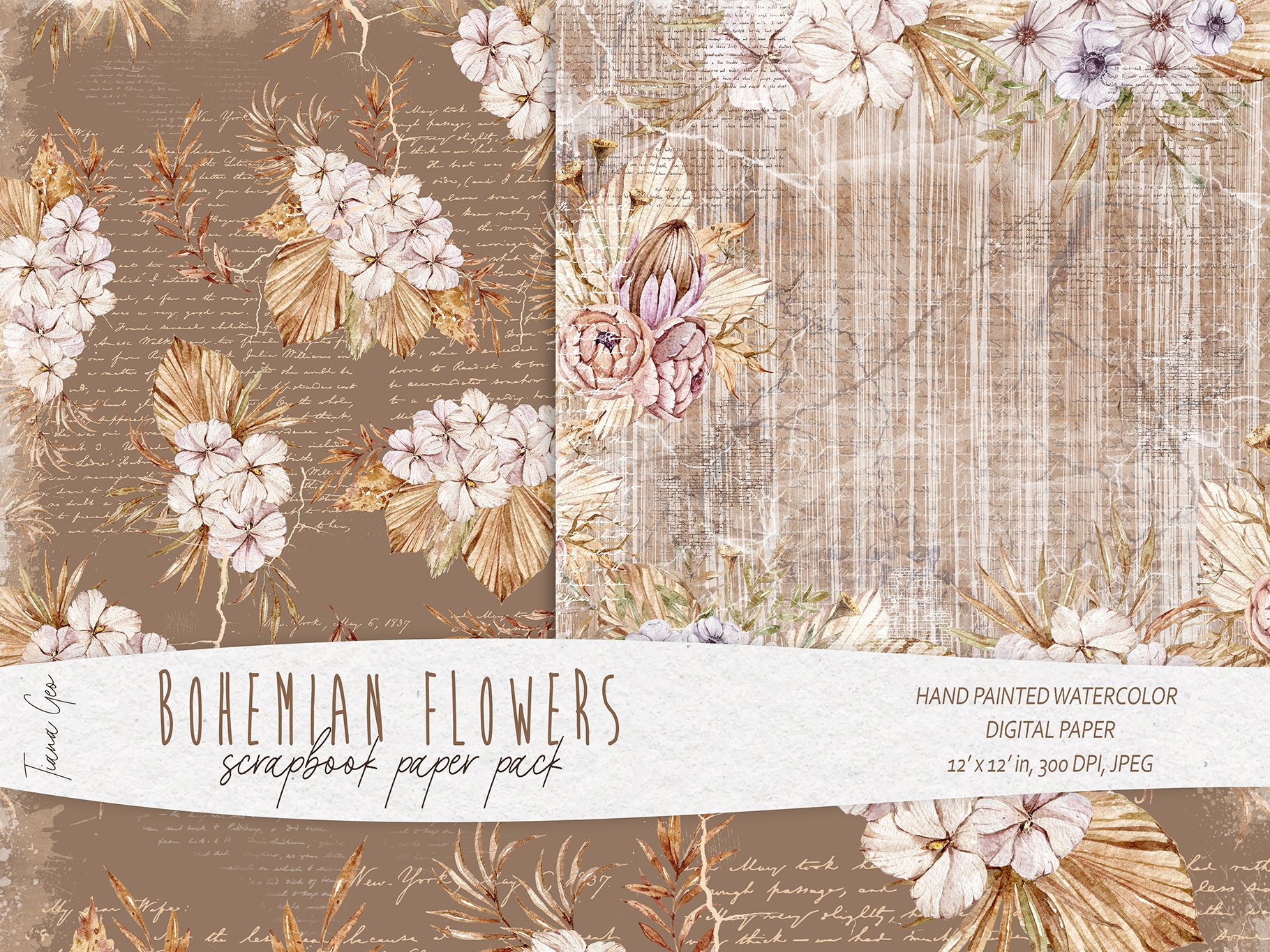 Boho floral scrapbook paper - digital paper - 12 JPEG files By Tiana Geo  Art