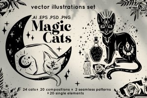Magic Cats Vector Illustrations Clipart