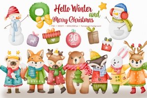 Watercolor Hello Winter Animal | Merry Christmas
