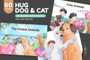 Hug Dog Cat Watercolor