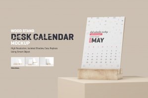 Desk Calendar With Wood Stand Mockup