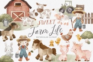Cute Farm Watercolor Clipart