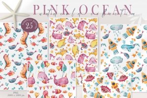 Watercolor Ocean Animals Nursery Seamless Patterns- 25 Png