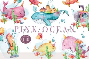 Watercolor Ocean Animals Nursery Clipart Set - 140 Png Files