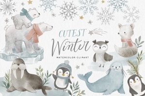 Cute Arctic Animals Watercolor Clipart