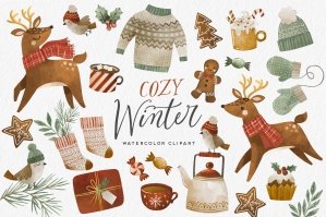 Cozy Winter Watercolor Clip Art & Patterns
