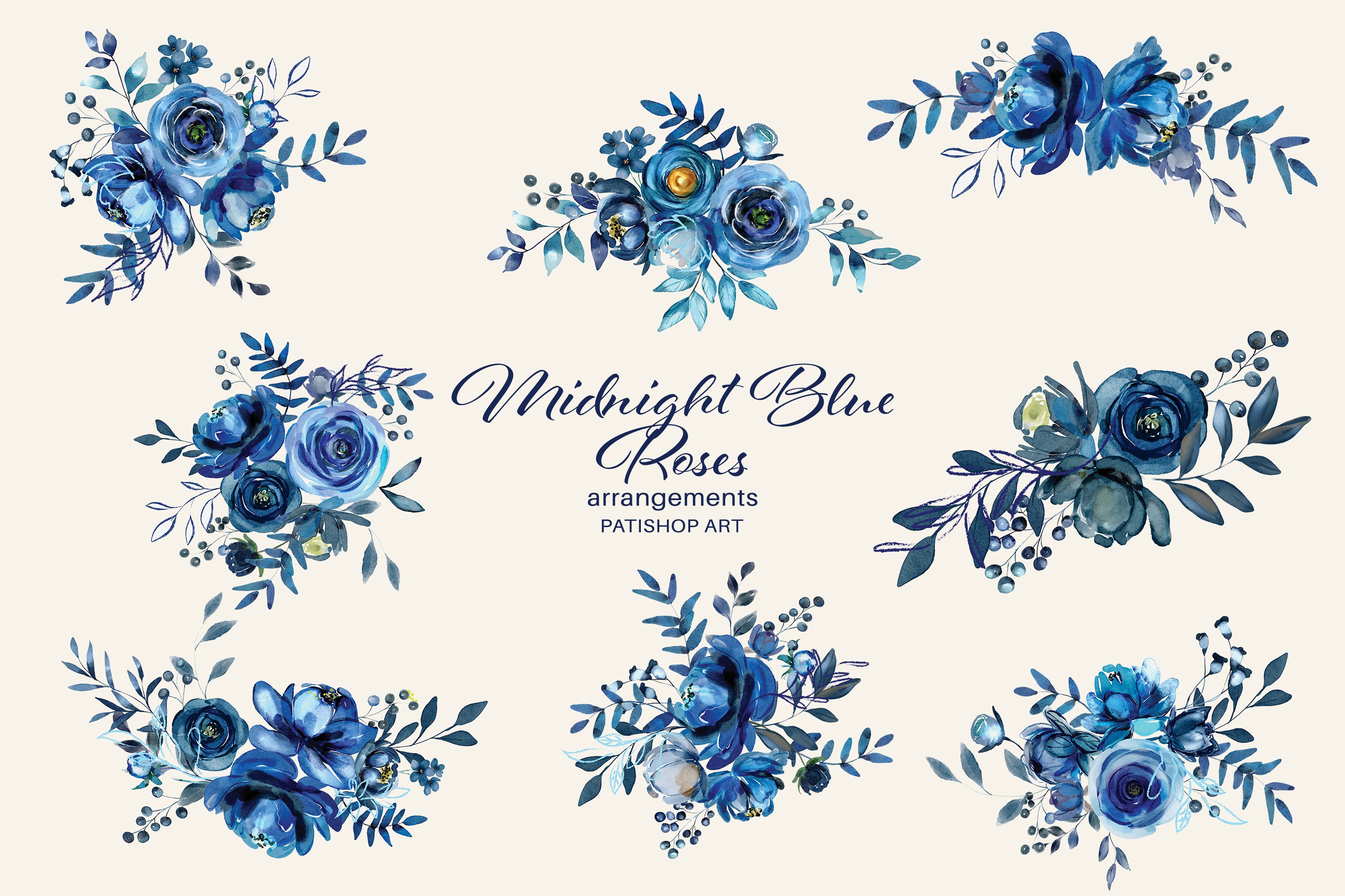 120 Midnight Blue and Gold Flowers Watercolor Clipart