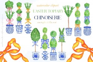 Easter Chinoiserie Topiary Watercolor Clipart