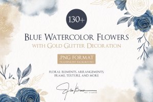 Blue Watercolor Floral With Gold Glitter