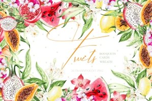 Watercolor Fruits Card Wreath Bouquets