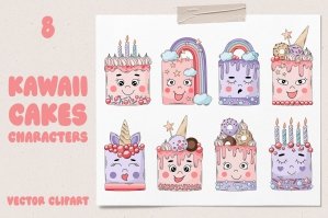 Cute Kawaii Cakes Vector Clipart