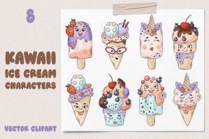 Cute Kawaii Ice Cream Vector Clipart