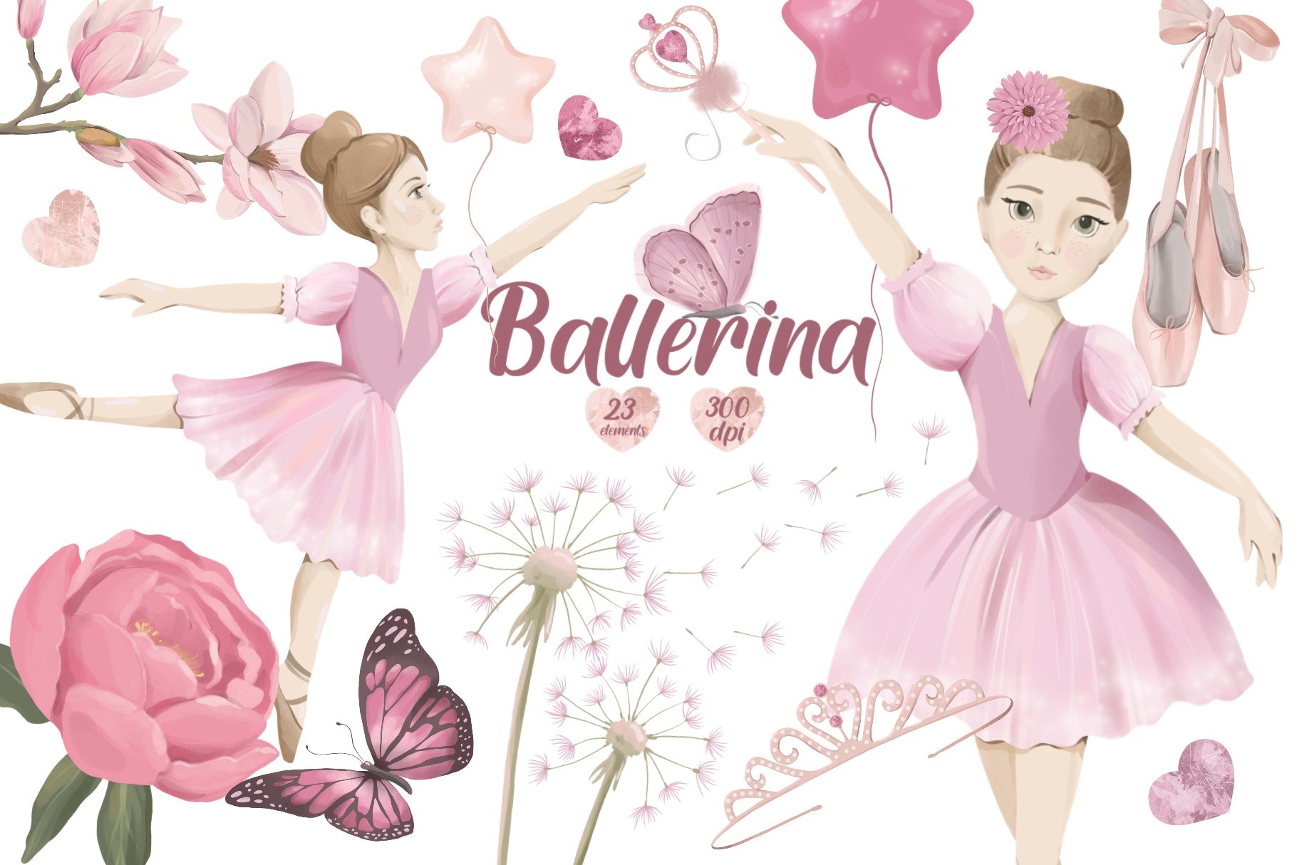 Cute Pink Ballerina Collection Clipart - Design Cuts